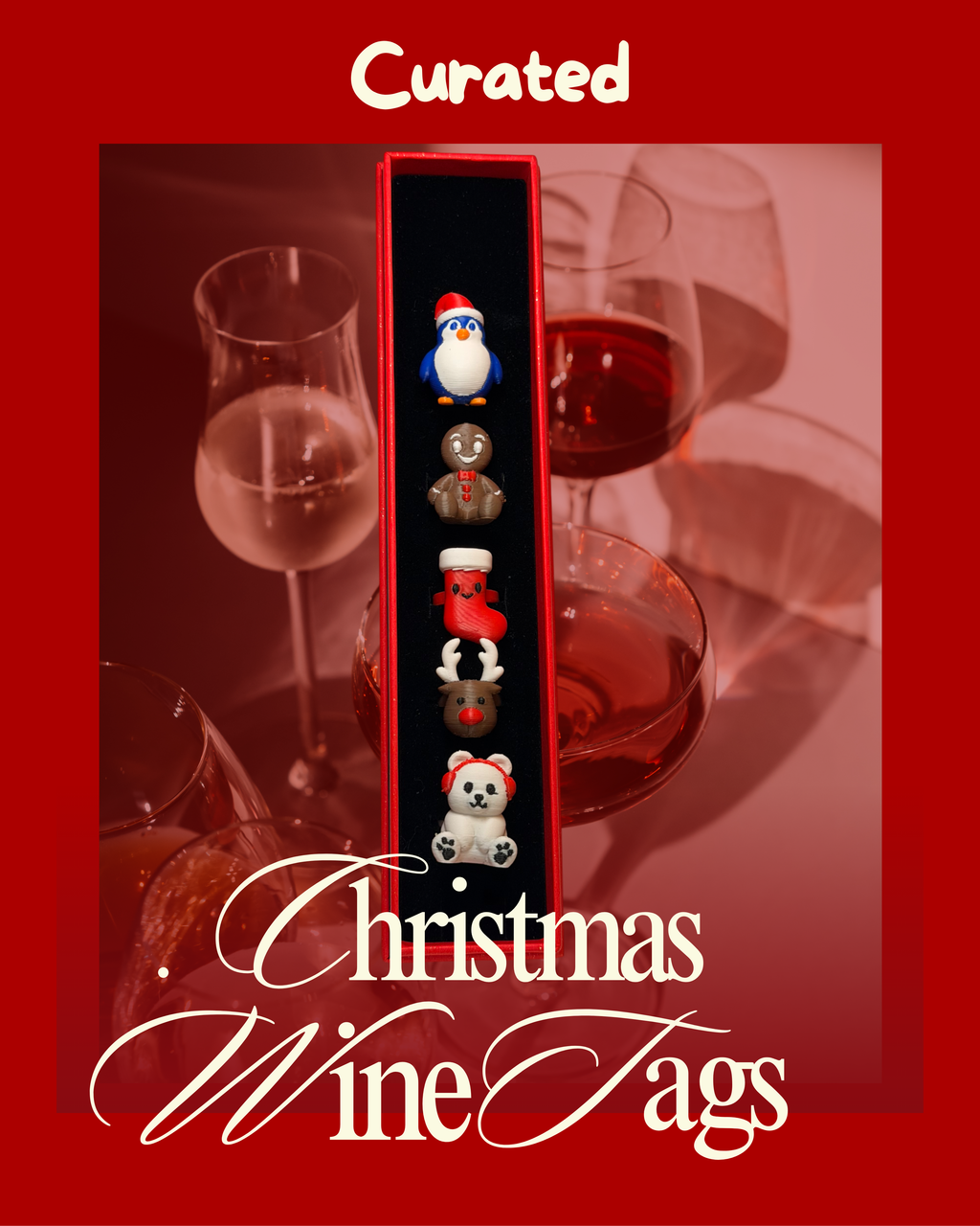 Christmas Wine Tags Set of 5 | Curated Creations | 3D Printed