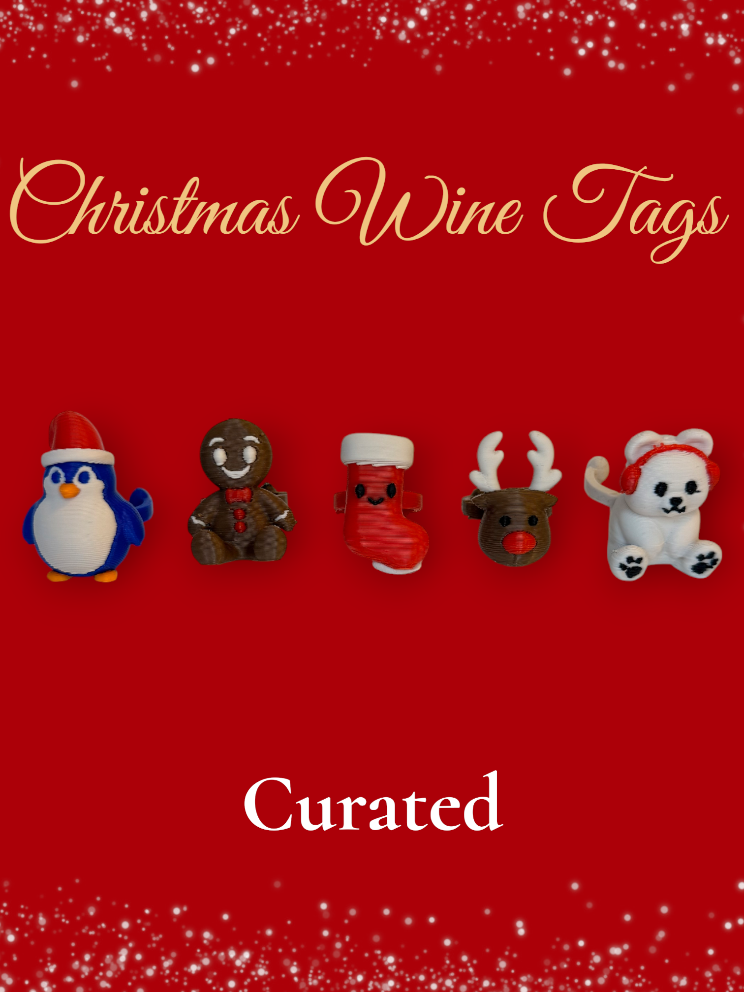 Christmas Wine Tags Set of 5 | Curated Creations | 3D Printed